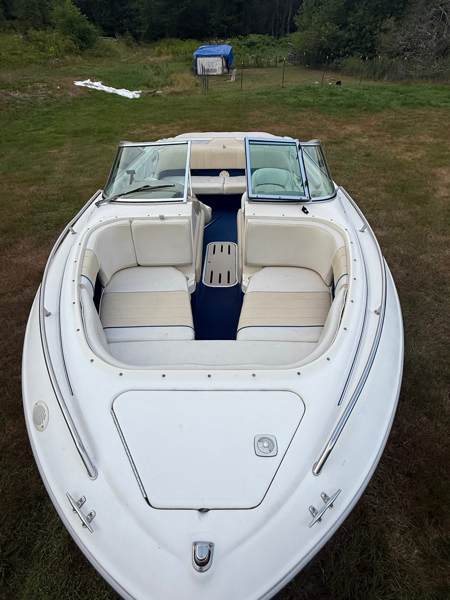 Bowrider interior — cream seating, navy carpet, twin windshield