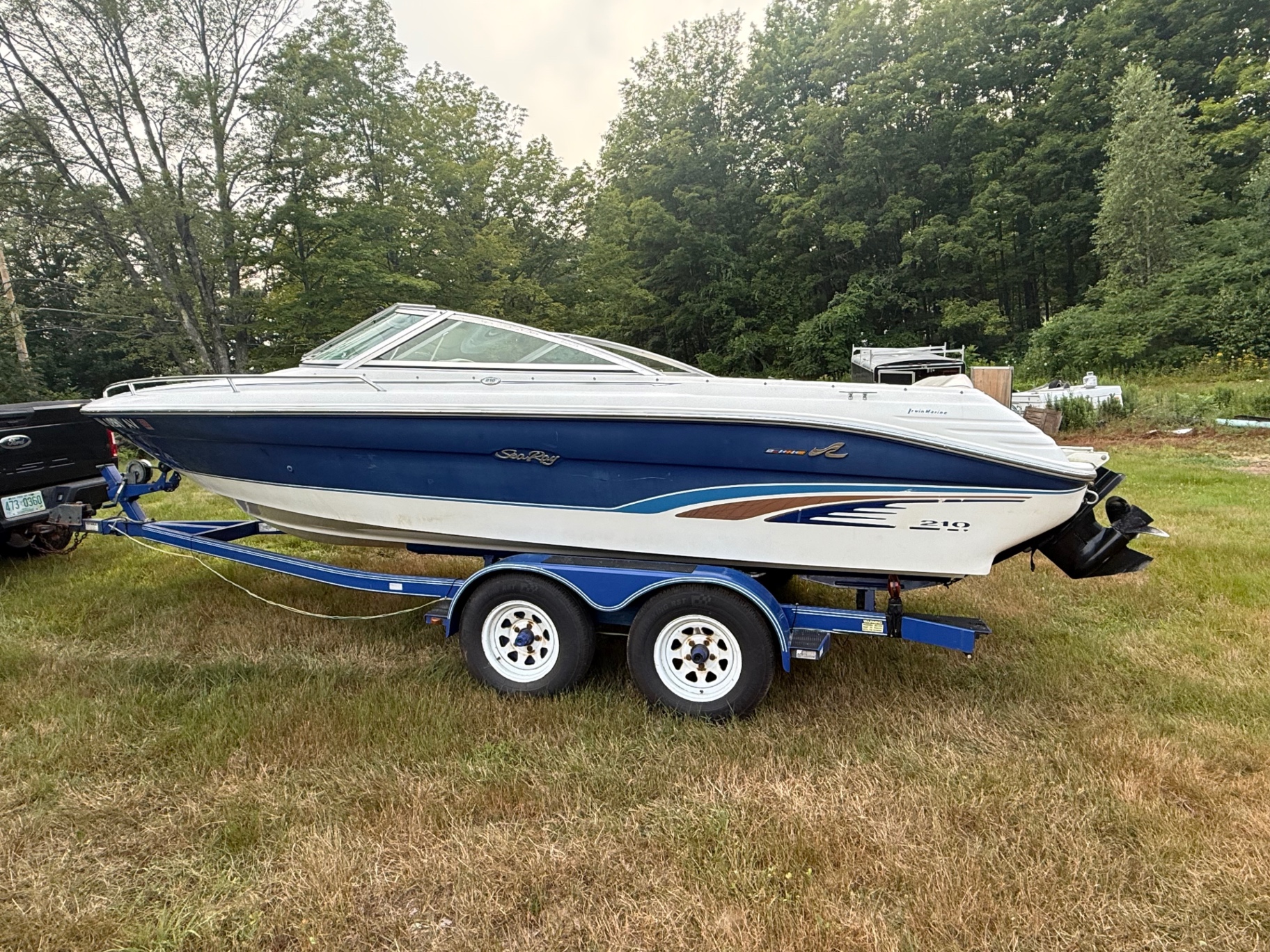 Sea Ray 210 from the dock side showing the blue hull graphics
